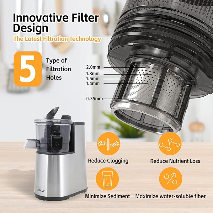 VITAPLUS Stainless Steel Auger Cold Press Juicer, AC Motor Slow Masticating Juicer, Plastic-Free Extractor for Whole Fruits & Vegetables, 5.8" Wide Chute, BPA-Free, Easy to Clean, FDA21 CFR Tested