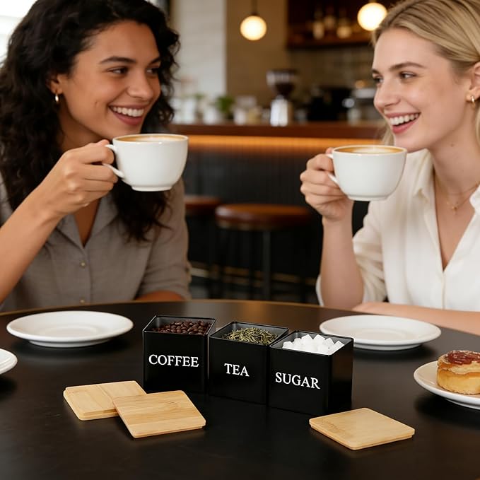 3 Pack 16oz Coffee Tea Sugar Container Set, Kitchen Canisters Set with Bamboo Lids, Stackable Food Storage Container Jars for Coffee Beans, Tea, Sugar, Flavourings, Cereals, Snacks (Black)