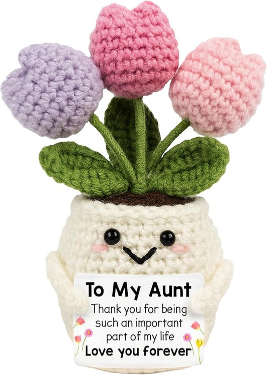 Aunt Gifts - Mothers Day, Birthday Gifts for Aunt from Kids Nephew Niece - Auntie Present for Women - 5.51'' x 4.13'' Knitted Positive Tulip Flowers Auntie Crochet Doll