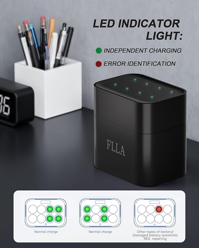 Flla Rechargeable AAA Lithium Batteries, 8 Pack 1.5V 1512mWh Triple A Batteries with USB-C Fast Charger & Storage Case, 2000+ Cycles for Blink Cameras, TV Remotes, Home Electronics