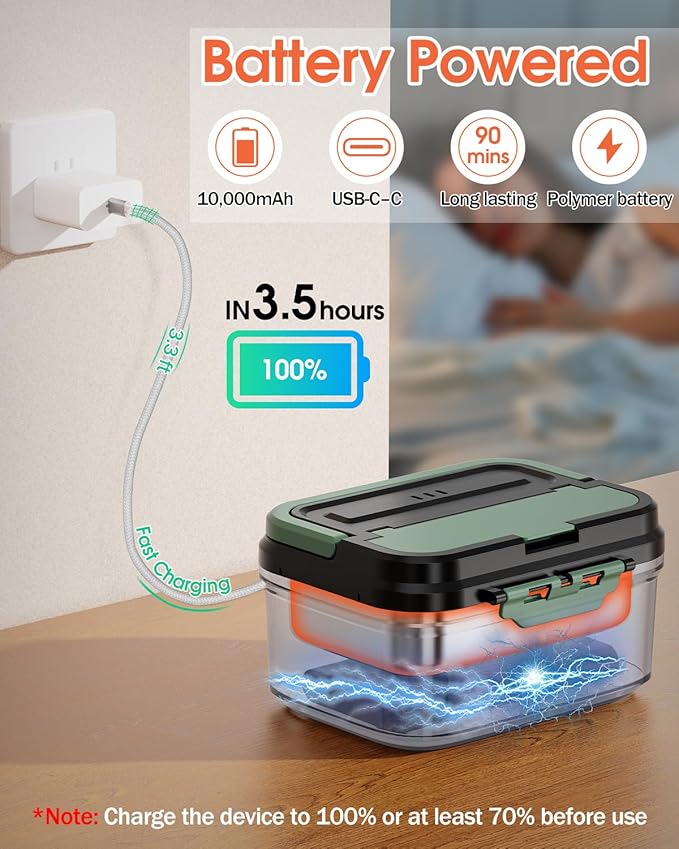 Cordless Electric Lunch Box for Adults – Battery-Powered Heated Lunch Box with 1.2L Stainless Steel Container, Timer Function, and Leak-Proof Food Warmer for Work, Travel & Office(Pine Green)