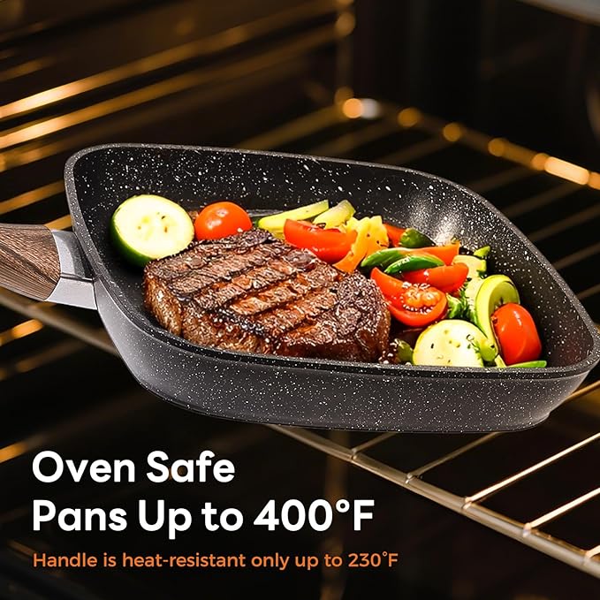 DUMOS 3 Pcs Grill Pans Set, Nonstick Square Frying Pan Skillet Set with Stay Cool Handle & PFOA Free, Compatible with All Stovetops (9.5" 10" 11") Black
