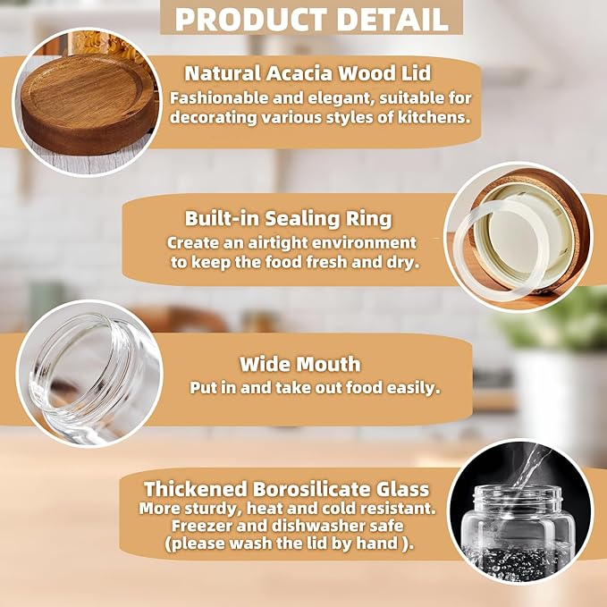 Set of 2 Glass Food Storage Jars, Premium Clear Glass Container Jar with Airtight Wooden Screw-on Lid, Kitchen Canisters for Coffee,Tea,Pasta,Cookies, Nuts,Spice,Candy,Overnight Oatmeal