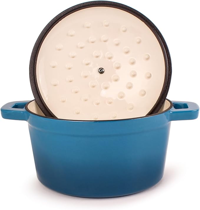 BergHOFF Neo 4Pc Enameled Cast Iron Cookware Set, Grill Pan 11 inches, Fry Pan 10 inches, 3qt. Dutch Oven, Matching Lid, Fast, Evenly Heat, Oven Safe (Blue)