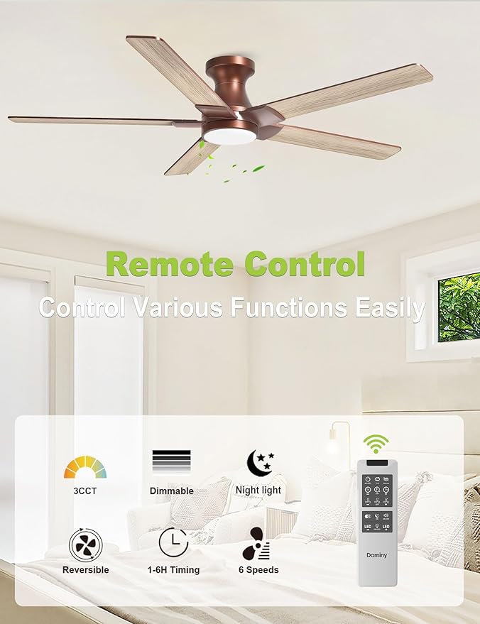 DAMINY 52 inch Brown Ceiling Fans with Lights,5 Blades,6CCT, Low Profile,Remote Control,for Bedroom, Kitchen,Living Room,Indoor/Outdoor Use,Flush Mount