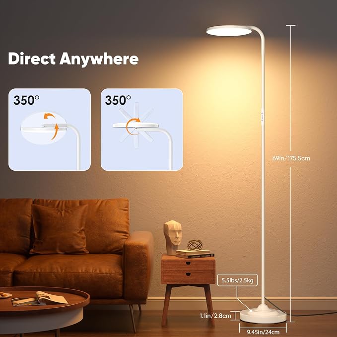 SIBRILLE 36W LED Floor Lamp, Super Bright Standing Lamp, Modern Stepless Dimmable Torchiere Tall Lamp with Remote Control, 350°Rotating Head Reading Floor Lamp for Living Room, Bedroom, Office