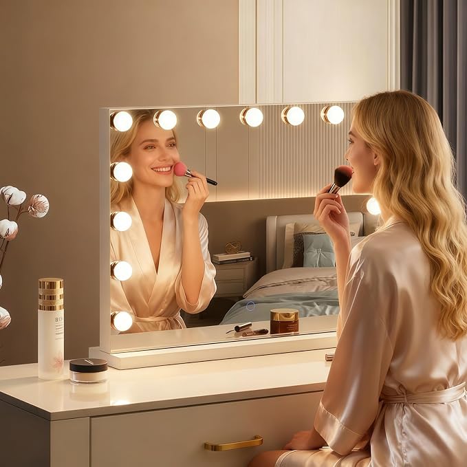 Hollywood Vanity Mirror with Lights, 23"x18" Lighted Makeup Mirror with 10x Magnification for Desk/Wall Mount, 15 Led Bulbs, 3 Lighting Modes for College Dorm, Bedroom, Dressing Room