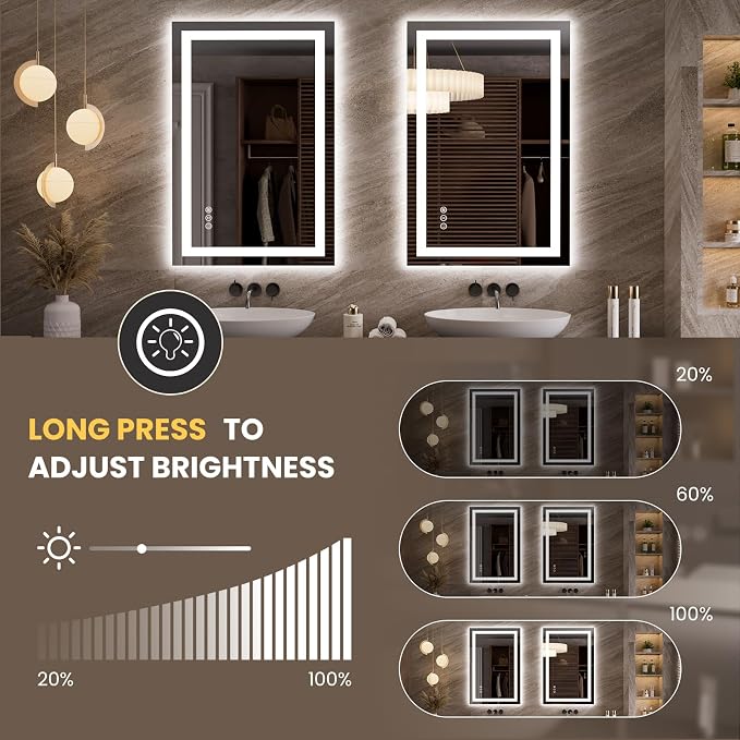 LOAAO 23.6"x35.4" LED Bathroom Mirror with Lights, Anti-Fog, Dimmable, Backlit + Front Lit, Lighted Bathroom Vanity Mirror for Wall, Memory Function, Tempered Glass, Safe to Use, ETL Listed