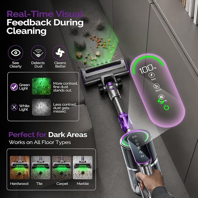 Cordless Vacuum Cleaner for Home, 55kPa 70-Min Runtime Cordless Stick Vacuum with LED Display, 8-in-1 Self-Standing Lightweight Design, Anti-Tangle for Pet Hair, Hard Floors and Carpet
