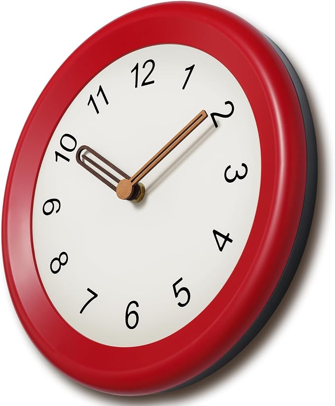 Mosewa 10 Inch Red Wall Clock Silent Non-Ticking Quartz Battery Operated Analog Clock with Wood Hands, Easy to Read Minimalist Round Clock for Kitchen Living Room Bedroom Office