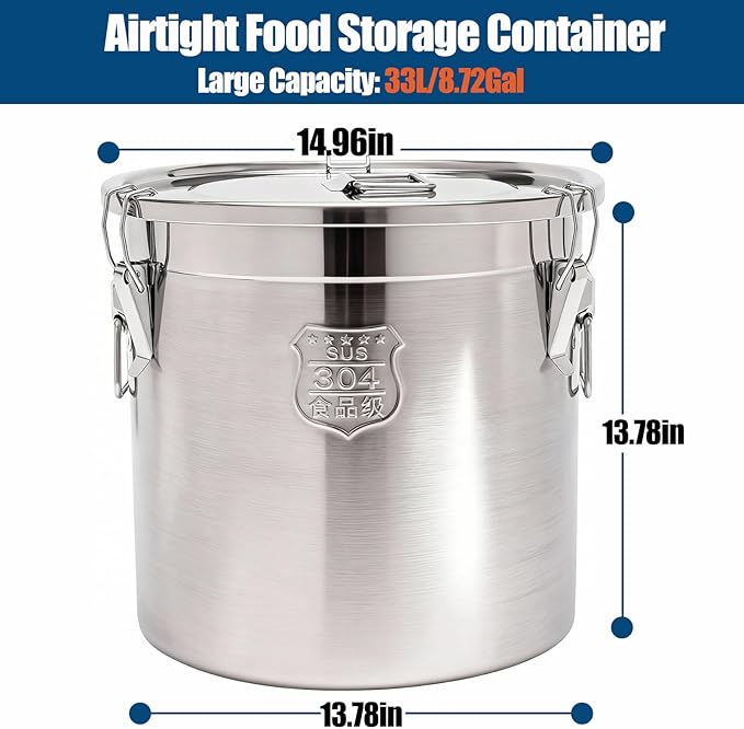 304 Stainless Steel Airtight Canister, 8.72Gal/33L Stainless Steel Airtight Food Storage Container with Lid and Lock Clips, Large Metal Storage Canister for Coffee Beans, Flour, Tea, Sugar, Cereals