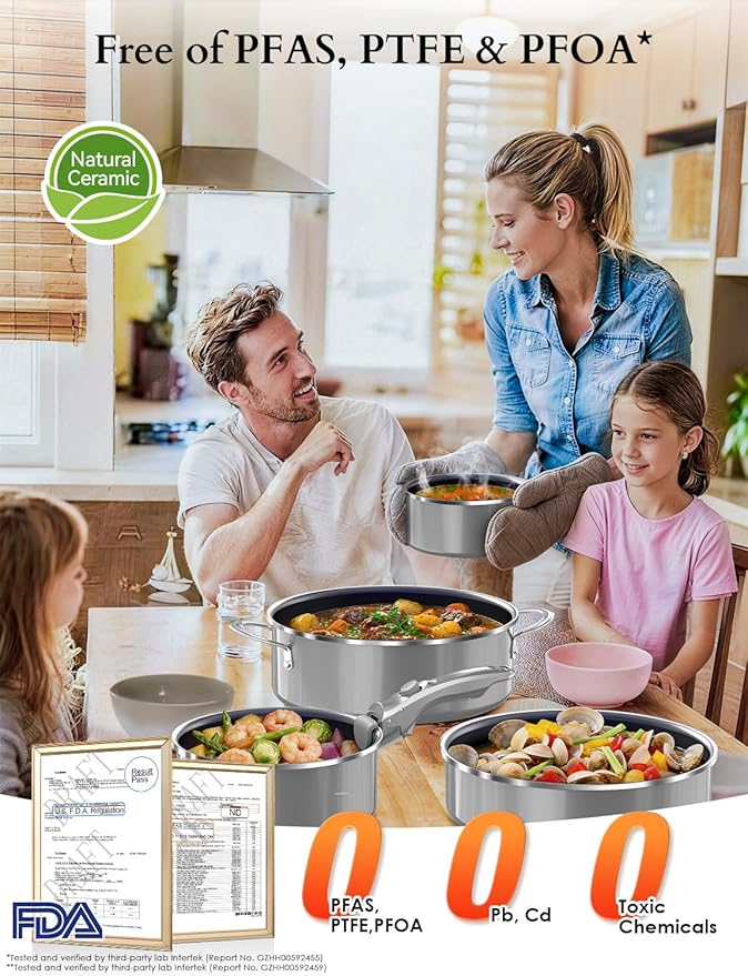 DUXANO Ceramic Pots and Pans Set Non Stick, 2026 Upgraded Hybrid Frypan, 1.5&2 QT Saucepans with Lid, Oil-less Cooking, PFAS Free Non Toxic, Induction Ready,Oven&Dishwasher Safe,Removable Handle,12PC