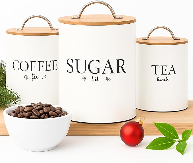 D'Lifeful Tea Coffee Sugar Canister Set - 3pc Airtight Canister Sets for Kitchen Counter - Farmhouse Containers for the Kitchen - Decorative Countertop storage with Airtight Lid for Freshness - White