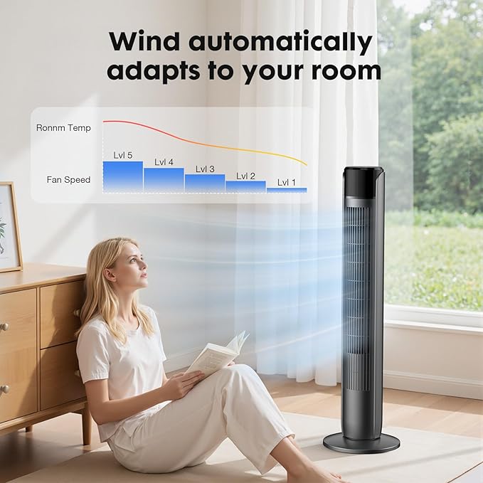 OLIXIS Tower Fan for Bedroom, 60°Oscillating Fan with Remote, 25ft Far, 28dB Quiet Electric Standing Fan, 12 H Timer, 5 Speeds, 4 Modes, Bladeless Floor fan for Home, Office, Indoor, 36 Inch
