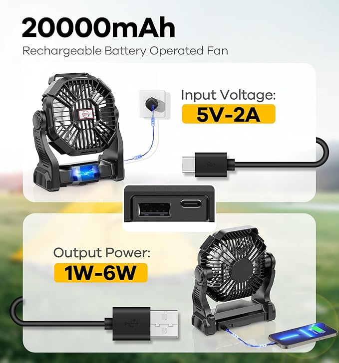 DOWILLDO 30000mAh Portable Battery Powered Camping Fan - with LED Light, Quiet Battery Operated, Camping Gear for Travel, Tent, Beach, Car or Hurricane Power Outages, Black