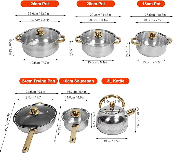 12pcs Pots and Pans Set, Stainless Steel Induction Kitchen Cookware Set with Detachable Handle, Dishwasher Non Stick Cooking Set with Frying Pan, Saucepans, Stockpots (Gold