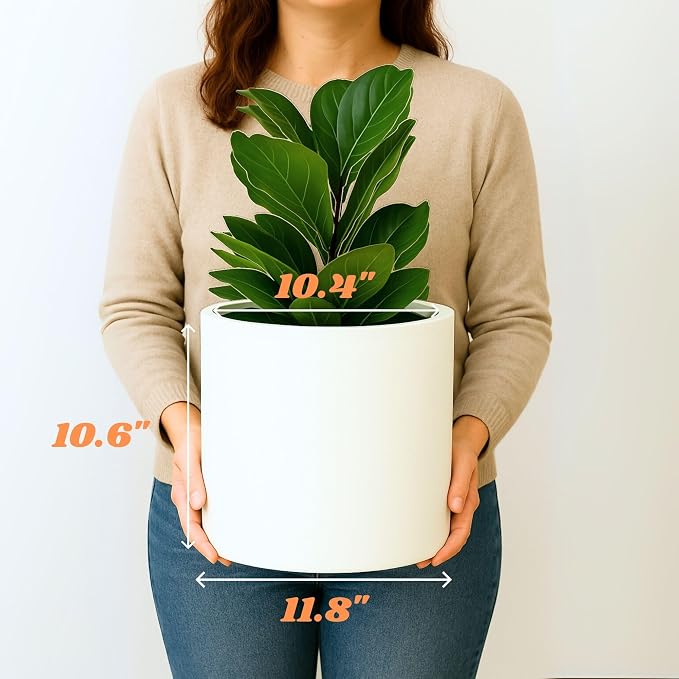 Fox & Fern Large Indoor Planter, Modern Large Plant Pot for Indoor or Outdoor, UV and Frost Resistant - 12 Inch, Matte White Flower Pot with Hidden Saucer, Lightweight
