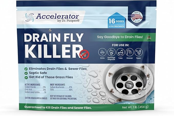Drain Fly Killer Powder – Eliminates Drain Flies & Sewer Flies in Drains, Sinks, Showers – Fast-Acting Treatment - Septic Safe & Made in USA