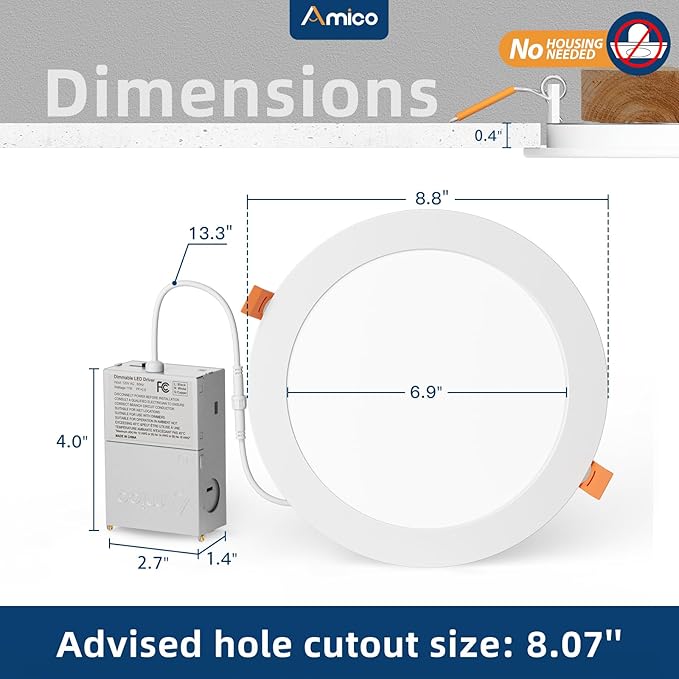 Amico 24 Pack 8 Inch 5CCT Ultra-Thin LED Recessed Ceiling Light with Junction Box, 2700K/3000K/3500K/4000K/5000K Selectable, 18W Eqv 125W, Dimmable Canless Wafer Downlight, 1500LM High Brightness -ETL