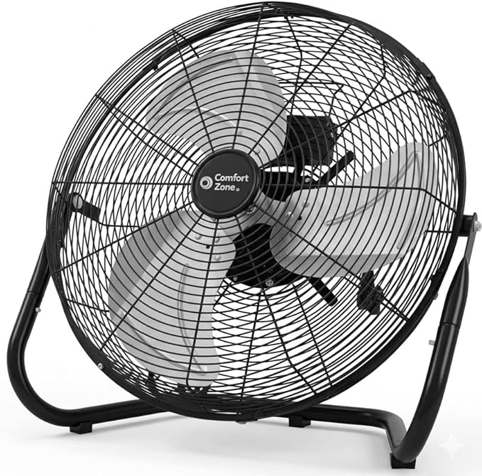 Comfort Zone Cradle Floor Fan, Electric, High-Velocity,180 Degree Adjustable Tilt, 18 inch, 3 Speed, Carry Handle, Rubber Feet, Metal, Airflow 19.36 ft/sec, Ideal for Garage or Workshop, CZHV18BK