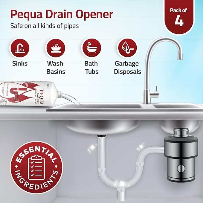 PEQUA INDUSTRIES Pequa Heavy Duty Drain Opener, Non-Acid, Fast-Acting Formula, Industrial strength Drain Cleaner for Sinks, Tubs, Septic Tanks - 32 Oz (4)