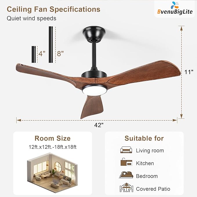 Ceiling Fans with Lights and Remote: 42-Inch Ceiling Fan 3 Blades Low Profile Outdoor - Walnut Ceiling Fans with Remote APP Control Quiet Reversible DC Motor for Patio Living Room