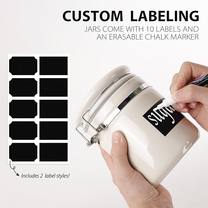4-Piece Airtight Ceramic Canisters Set with Wooden Spoons & Chalk Labels – Perfect for Coffee, Sugar, Flour, Tea (Cream) – Stylish & Leakproof Kitchen Storage