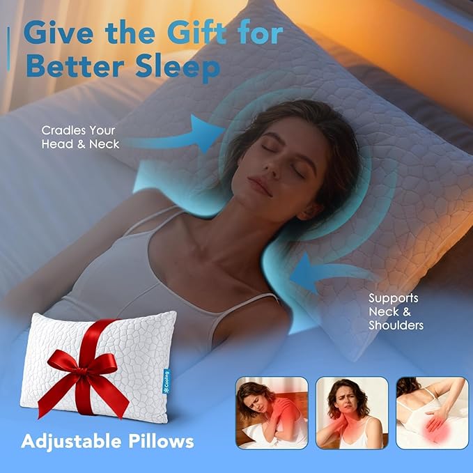 QUTOOL Cooling Pillow for Sleeping, CertiPUR-US Shredded Memory Foam King Pillow Set of 1, Cool Pillow for Hot Sleepers Adjustable Firm Pillow for Side, Back, Stomach Sleepers Soft Yet Support, White