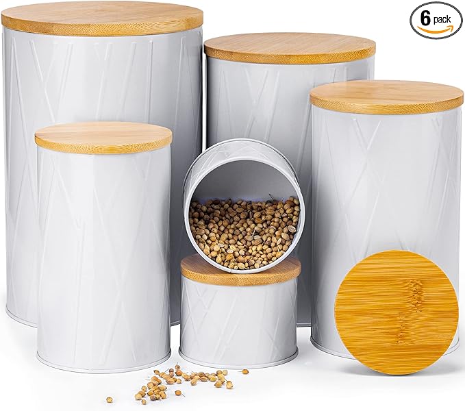 FavorFlavor Kitchen Storage Containers for Countertop Set of 6,Food Containers with Airtight Lids,Flour and Sugar Storage Containers,White Canister Set for Coffee and Tea,Farmhouse Kitchen Decor