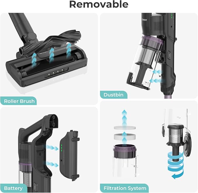 CANDY Cordless Vacuum Cleaner,45Mins Vacuum Cleaners for Home,Stick Vacuum,Strong Suction,Removeable Battery,Anti-Tangle,One Click Clean,Lightweight Handheld for Hardwood Floor Carpet Pet Hair Car