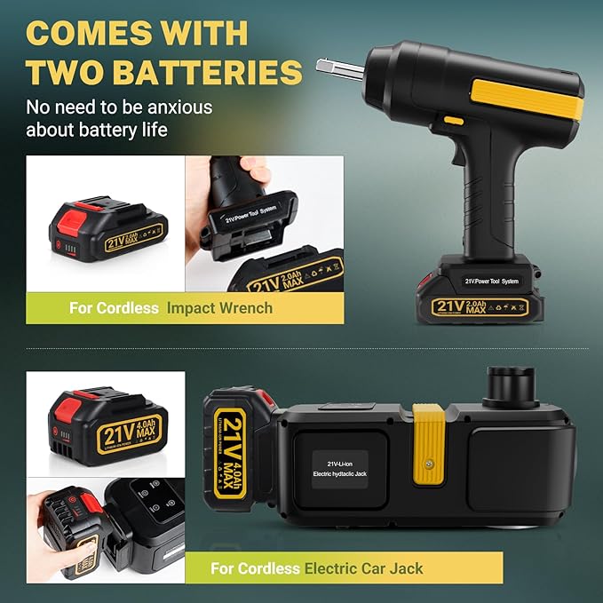Powerful Electric car Jack and Stand kit - Cordless Hydraulic car Jack Lift with LCD Touch Screen, Lithium Battery & Portable Impact Wrench for Effortless Vehicle Emergencies