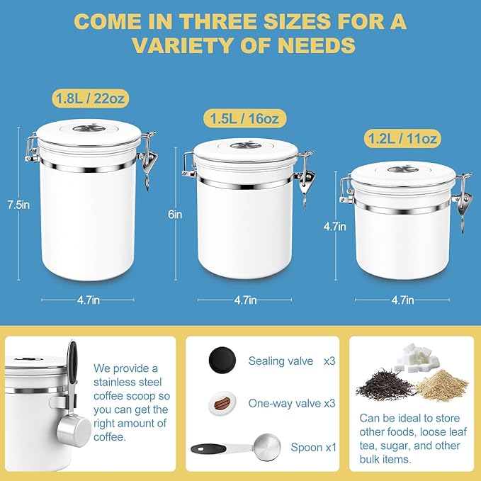 ShanSon Coffee Canister Airtight Coffee Container Stainless Steel Coffee Bean Storage Container with Scoop Coffee Canister for Beans Grounds Sugar Flour Tea Cereal,16OZ, White