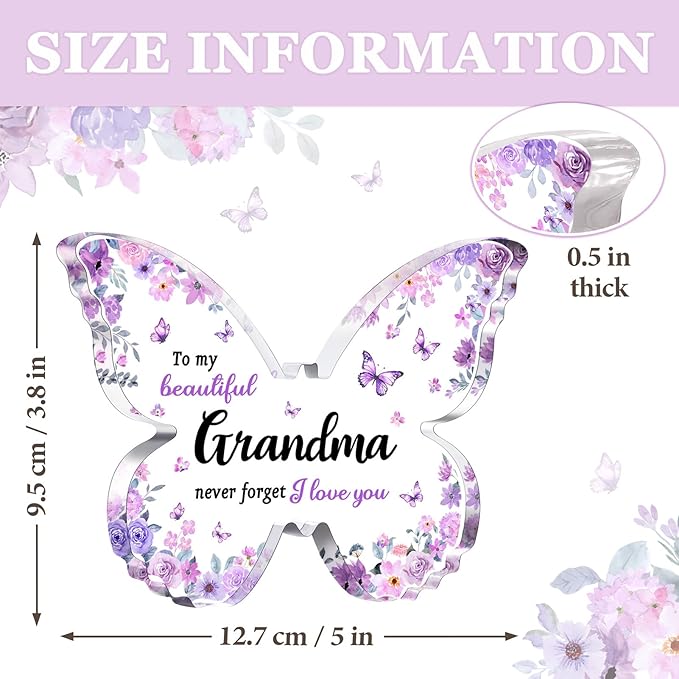 Gifts for Grandma, Grandma Birthday Gifts, Unique Purple Butterfly Acrylic Plaque Desk Decor, Mothers Day Christmas Grandparent Day Gift for Grandmother Nana - 5 x 3.8 x 0.5 inches