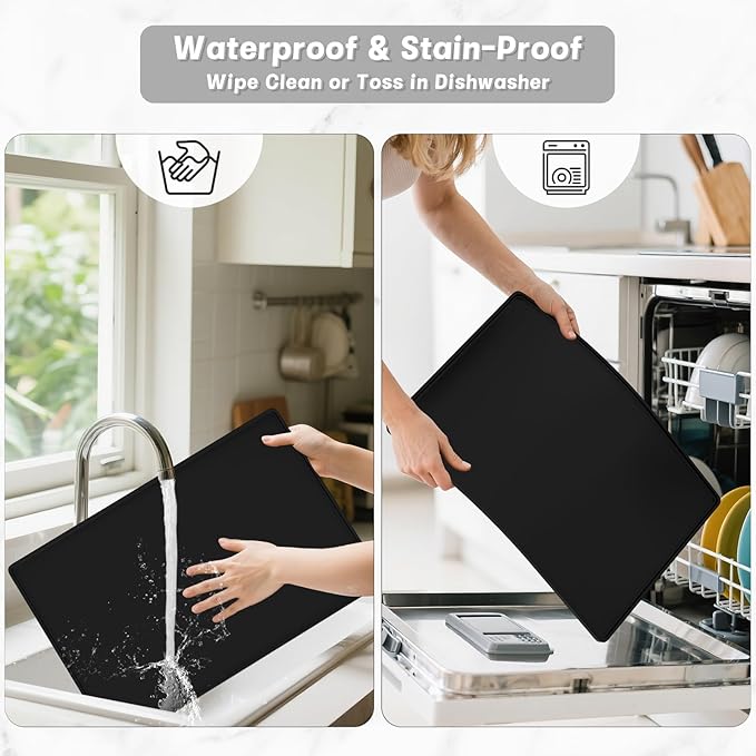Rnivvi Silicone Coffee Mat, 12" x 19" Waterproof Raised Edge Coffee Bar Mats for Espresso Machine Station Accessories, Heat Resistant Dish Drying Pad for Kitchen Counter, Rubber Bar Decor Pad, Black