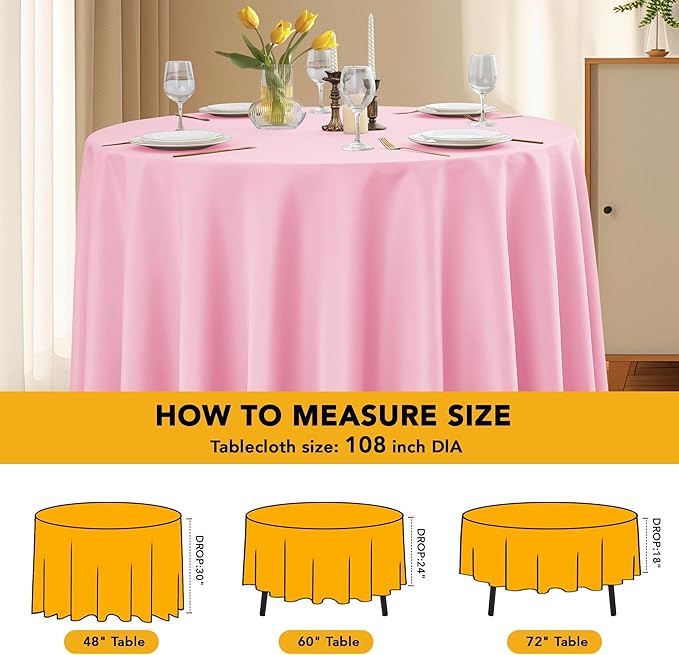 10-Pack Pink Round Tablecloths, 108 Inches, Stain-Resistant Polyester for 4-5 Ft Round Tables - Washable Table Covers for Weddings, Banquets, Birthday Parties, Events