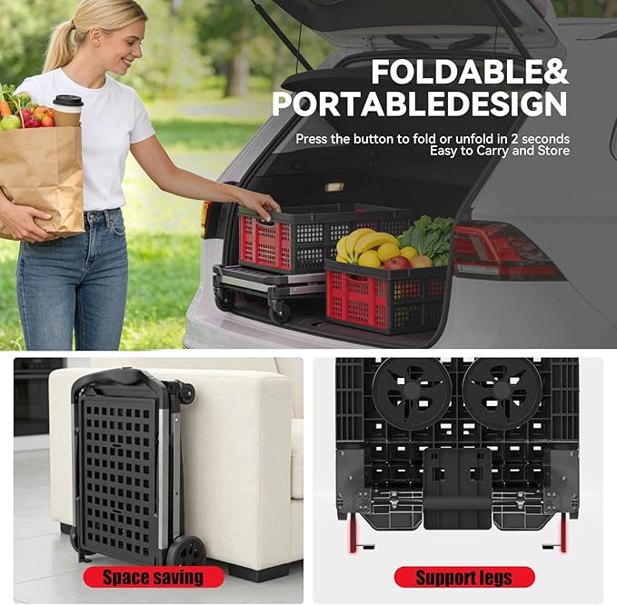 Collapsible Shopping Cart with Wheels,2 Tier Multi Use Foldable Shopping Cart with 2 Storage Crates,Folding Shopping Trolley Utility Cart for Office,Groceries, Warehouse,Supermarket,Picnic (Red)