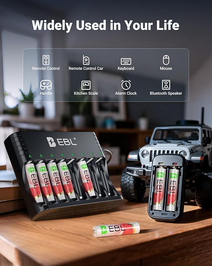 EBL Rechargeable AAA Batteries Lithium with Charger 8 Pack, 1300mWh 1.5V Triple a Batteries Lithium, 1600+ Cycles Long Lasting AAA Rechargeable Batteries for Remote Control