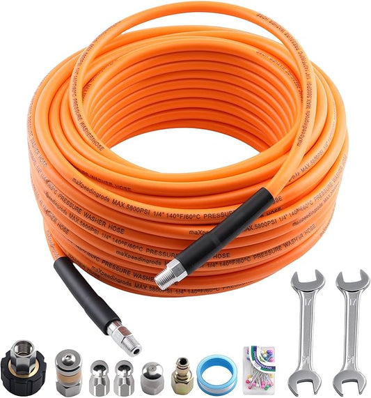 maXpeedingrods Sewer Jetter Kit for Pressure Washer 100FT, 5800PSI Drain Cleaner Hose 1/4 Inch NPT Corner, Rotating and Button Nose Sewer Jetting Nozzles with Spanner Waterproof Tape Pearl Corsage Pin