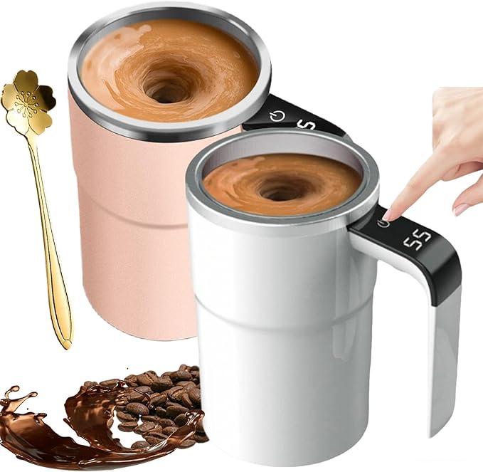 Electric Coffee Mug with a Built-in LCD Thermometer, Automatic Magnetic Stirring Coffee Mug, 380ML/13OZ, Stainless Steel Self Stirring Cup with Lid, Perfect for Brewing Coffe-e, Milk, Cocoa (Mix c)