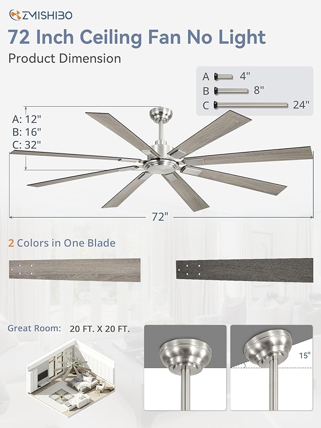 72 Inch Brushed Nickel Modern Ceiling Fan No Light with Remote, Outdoor Ceiling Fans Without Light with Quiet Reversible DC Motor, 6 Speeds, 8 Blades Large Ceiling Fan for Patios, Living Room, Garage