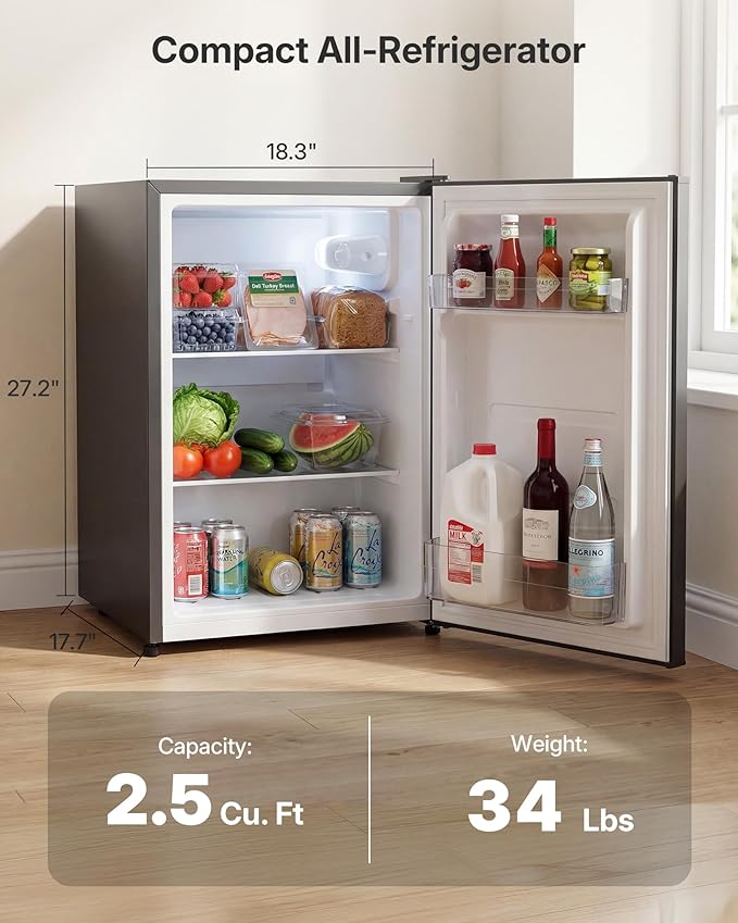 Upstreman 2.5 Cu.Ft All-Refrigerator Mini Fridge, Single Door Small Refrigerator, Dorm Fridge with 7 Adjustable Thermostat, Compact Refrigerator for Office, Bedroom or Dorm, Gray-CR26