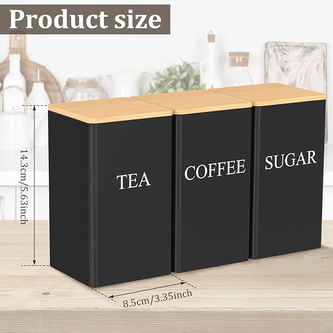 3 Pcs Coffee Tea Sugar Container Set, 1000 ML Metal Teas and Coffee Canisters Set with Bamboo Lids, Black Canisters Sets for Kitchen,Food Storage Container Jars for Kitchen Counter Storage (Black)