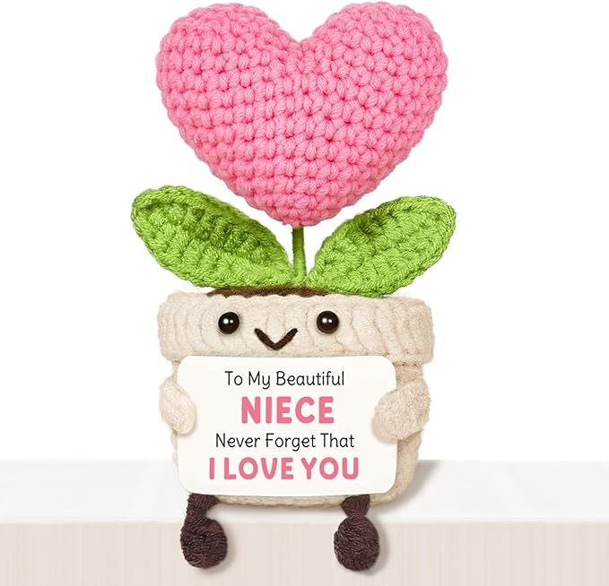 Niece Gifts from Auntie, Niece Birthday Gifts for Girls from Aunt, Cute Handmade Crochet Mini Pink Heart Flower