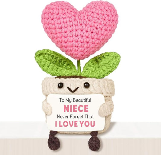 Niece Gifts from Auntie, Niece Birthday Gifts for Girls from Aunt, Cute Handmade Crochet Mini Pink Heart Flower