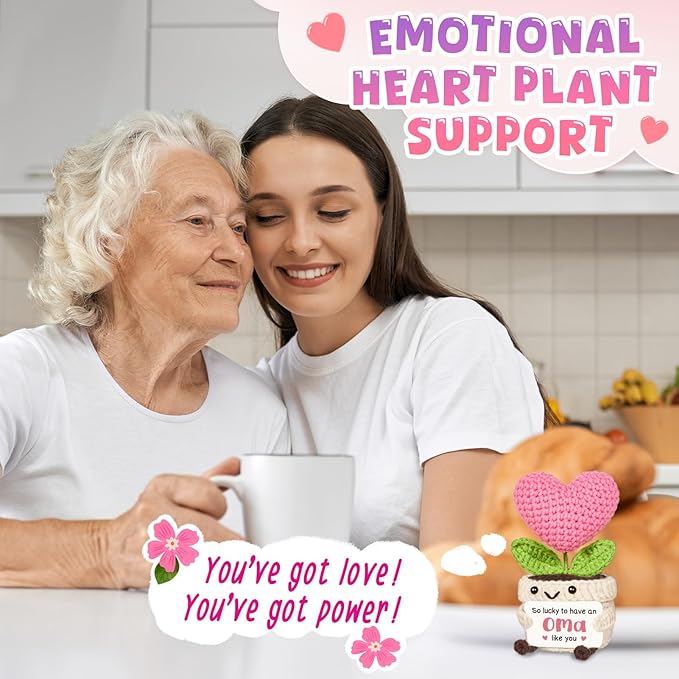 Oma Gifts for Grandma, Mothers Day Birthday Gift for Oma from Granddaughter Grandson, Mini Handmade Emotional Positive Crochet Pink Heart Flower