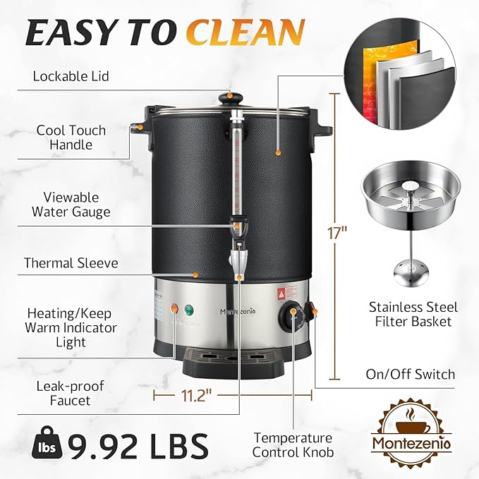 100 Cup Coffee Maker Machine Urn - Large Percolator Pot Dispenser With Double-Wall Stainless Steel, Quick Brew, Stays Hot - Also for Water, Tea, Bever