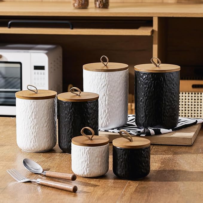 Black White Ceramic Coffee Canister Tea Canister with Seal Wood Lid, Airtight Coffee Storage Container for Coffee Bean, Ground Coffee, Sugar, Cookie Candy jar (White, 1300ml)