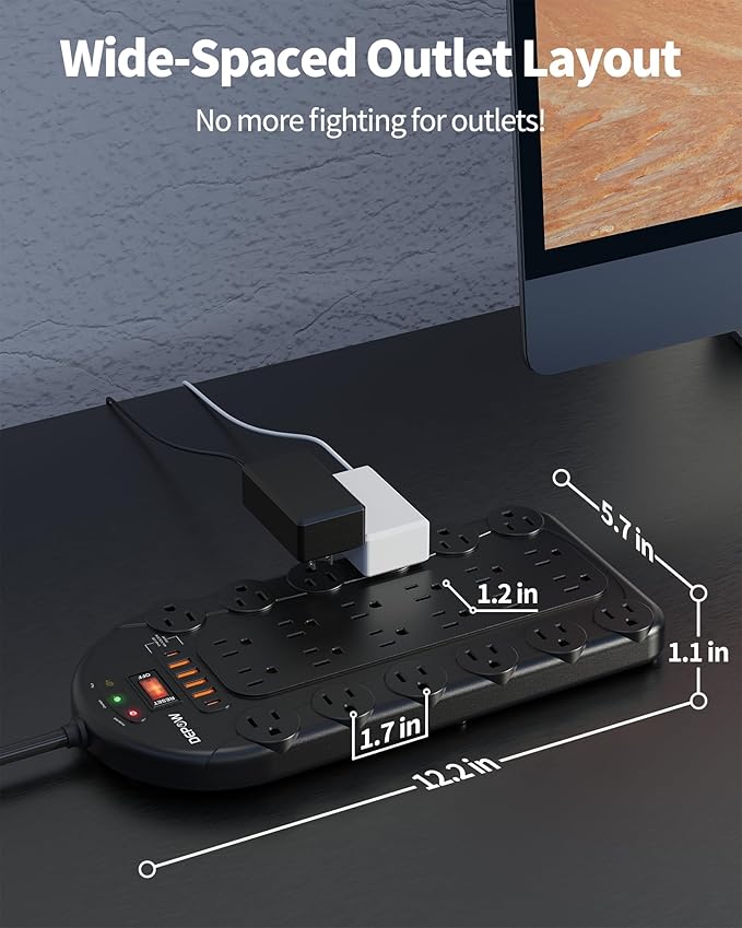 DEPOW 6.5 Ft Power Strip Surge Protector with 24 AC Outlets (1875W/15A) 6 USBs (2 USB-C Ports), 3,400 Joules, Heavy Duty Flat Plug Extension Cord, Wall Mountable for Home, Office, Black, ETL Listed