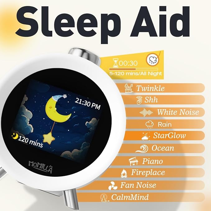 MOMILLA Alarm Clocks for Bedrooms, 2.8" Color Display, 7-Day Programmable 4 Alarms, Loud Alarm Clock for Heavy Sleepers Adults/Kids/Teen, Digital White Noise Sound Machine, Easy to Set, Hourly Chime
