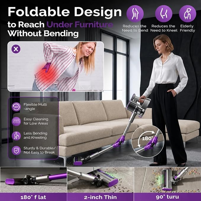 Cordless Vacuum Cleaner for Home, 55kPa 70-Min Runtime Cordless Stick Vacuum with LED Display, 8-in-1 Self-Standing Lightweight Design, Anti-Tangle for Pet Hair, Hard Floors and Carpet